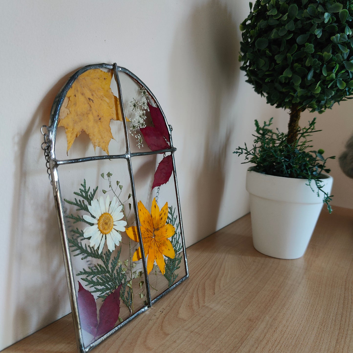 Stained Glass Window Frame with Autumn Leaves | Pressed Leaf Art | Handmade Fall Decor