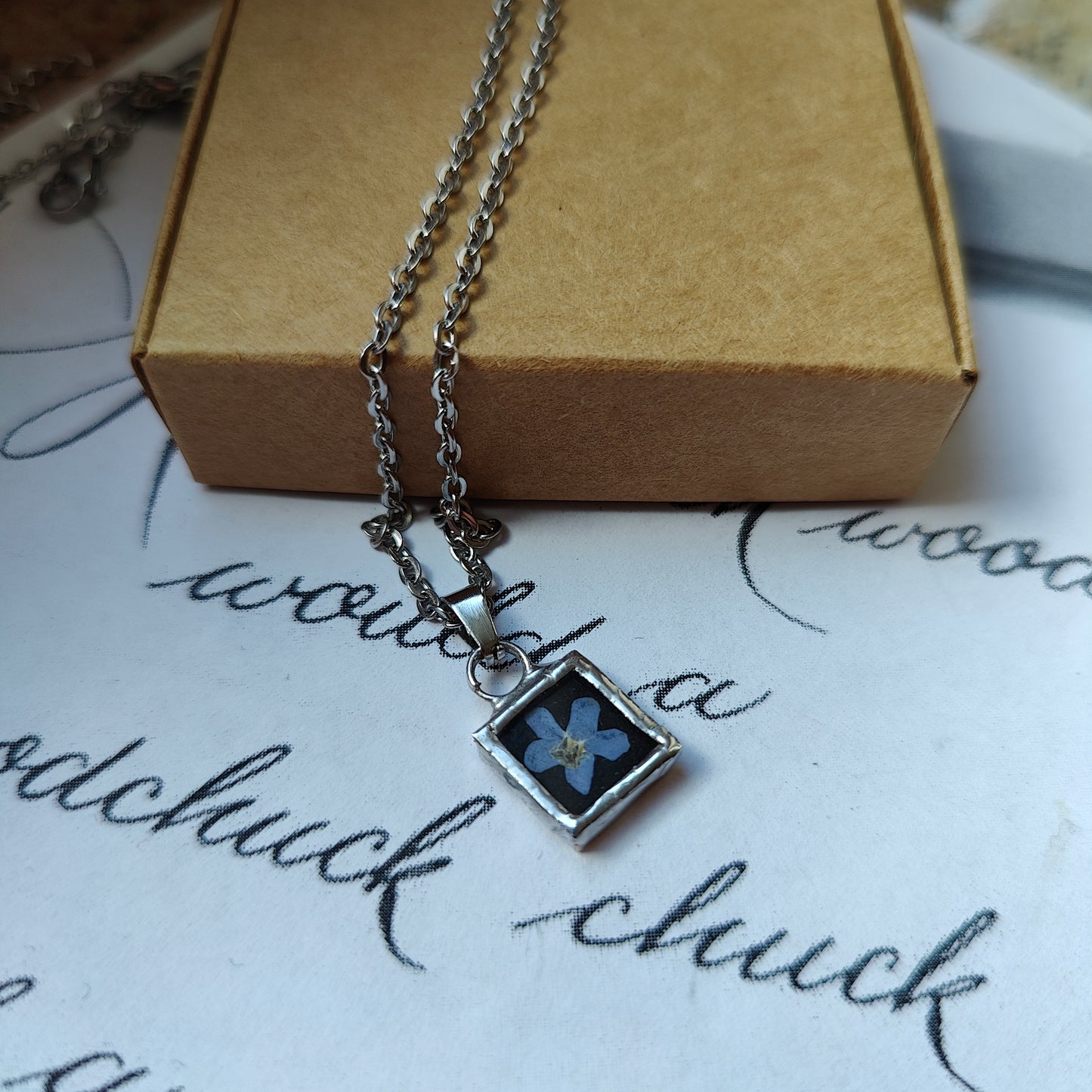 Double Sided Forget Me Not Mirror Necklace - Small Square Pendant for Paranormal Protection