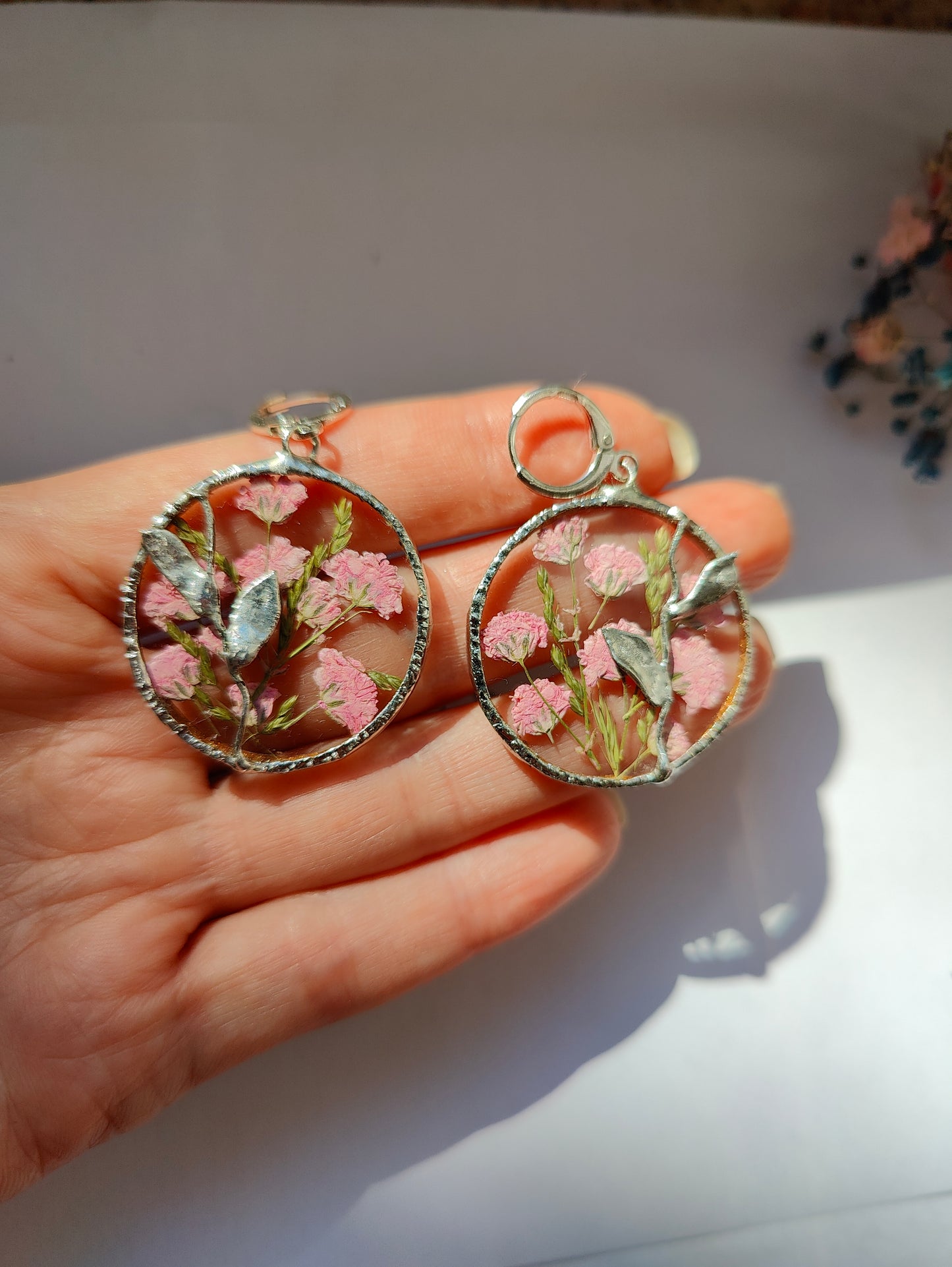 Stained Glass Earrings with pink gypsophila Pressed Flowers | Handmade Botanical Jewelry