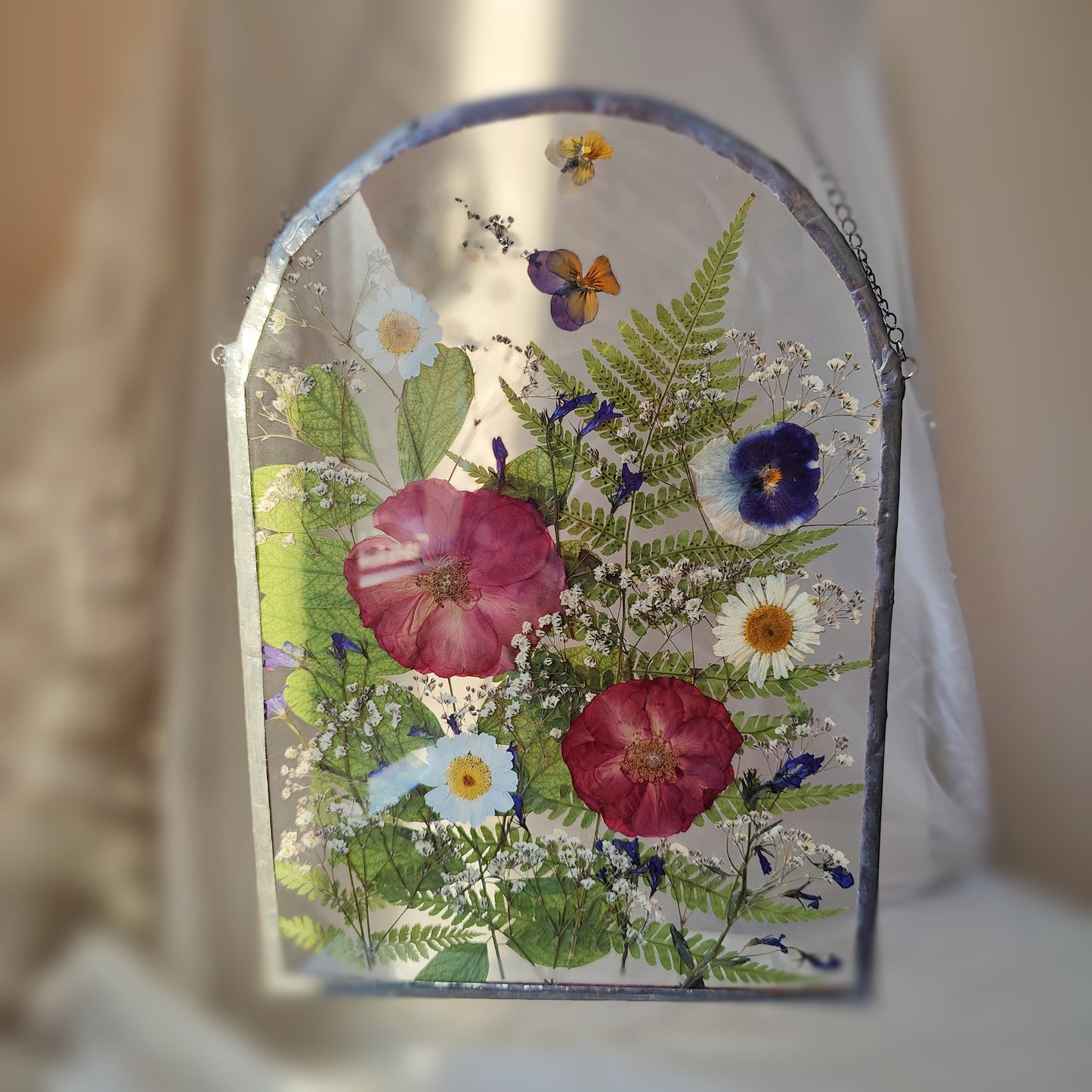Large Pressed Flower Frame | Handcrafted Dried Flower Herbarium Art | Botanical Stained Glass Suncatcher Gift