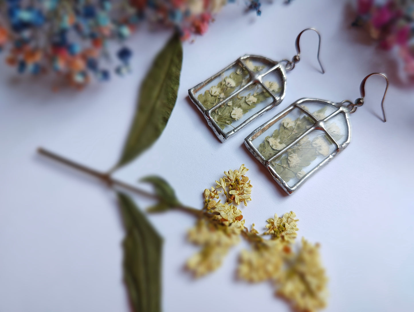 Window Earrings with Pressed Fern Stained Glass | Botanical Handmade Jewelry