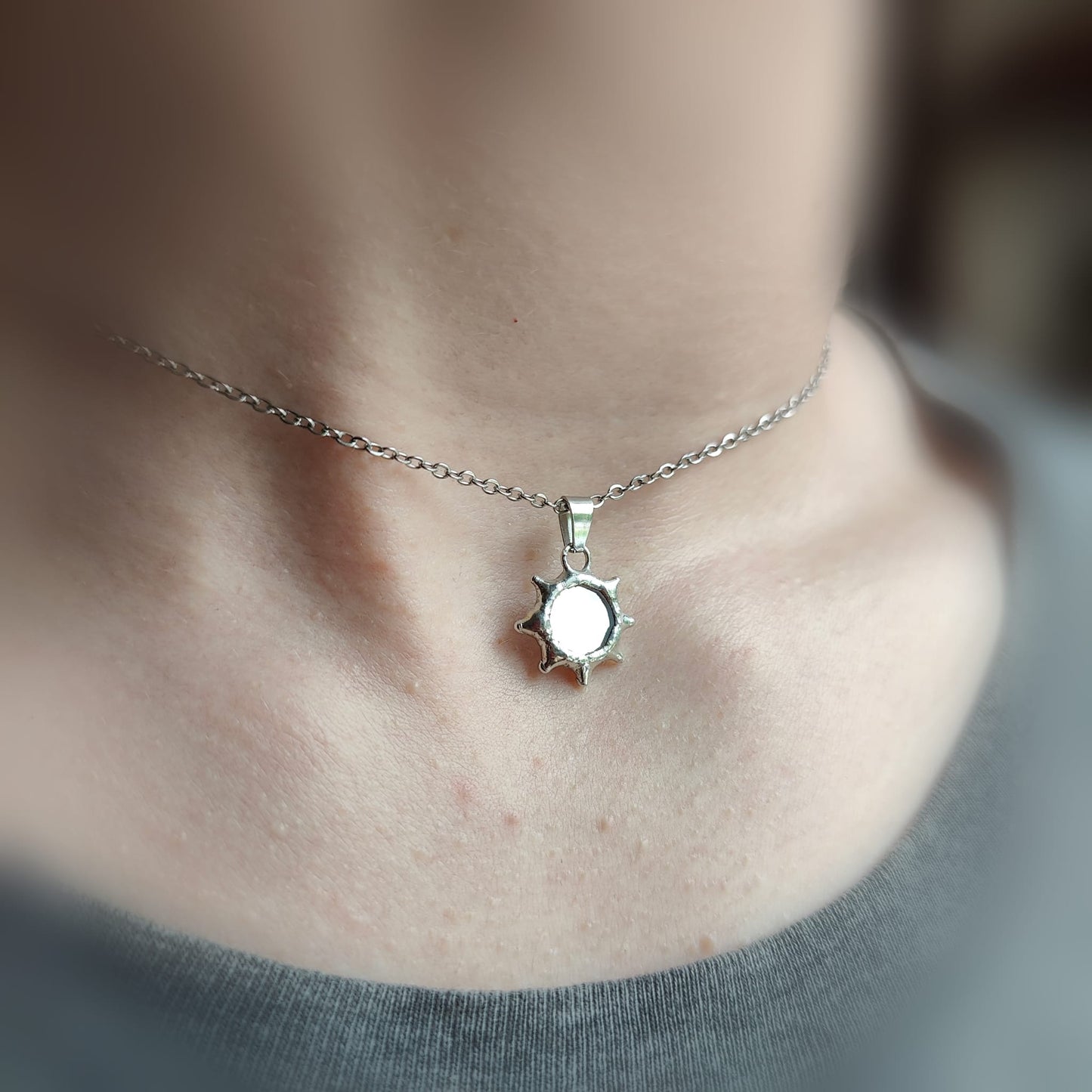 Sun-shaped mirror necklace – celestial inspired protection amulet with mirror center, handcrafted by HelenkaBee