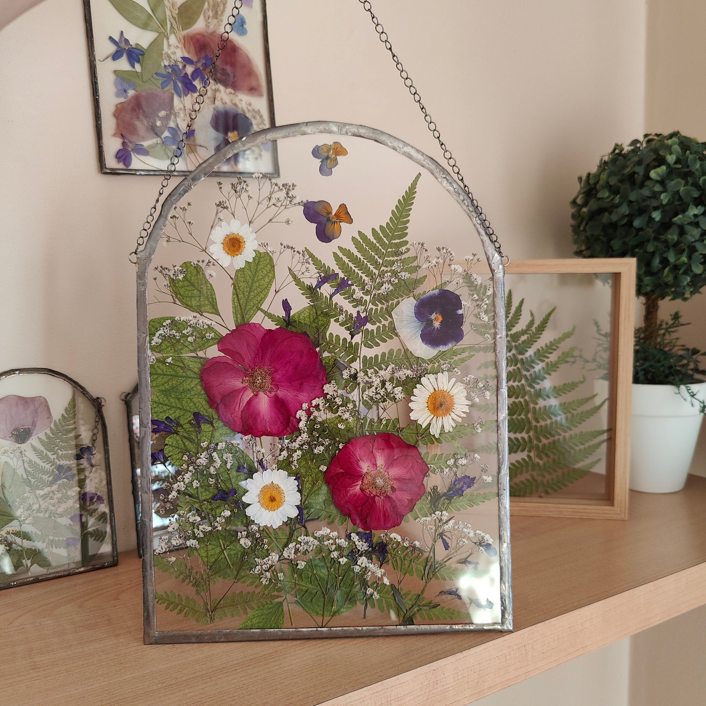 Large Pressed Flower Frame | Handcrafted Dried Flower Herbarium Art | Botanical Stained Glass Suncatcher Gift