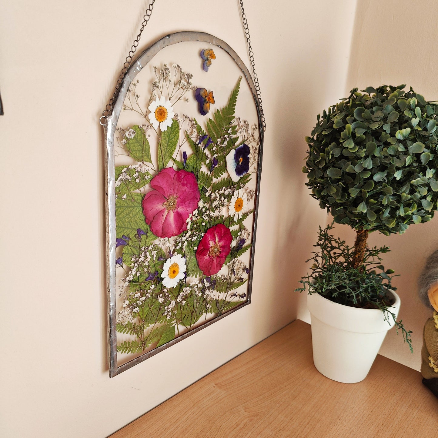 Large Pressed Flower Frame | Handcrafted Dried Flower Herbarium Art | Botanical Stained Glass Suncatcher Gift