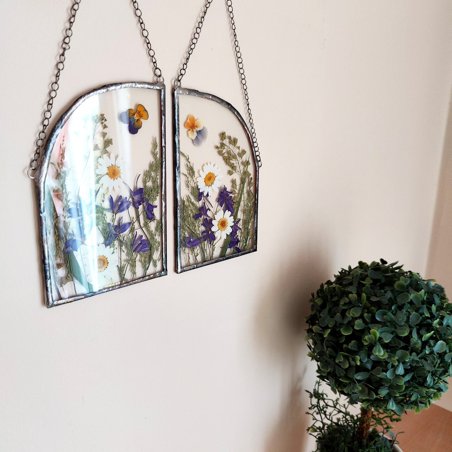 Set of 2 Pressed Flower Frames | Handmade Herbarium Art | Dried Flower Wall Art Hanging Gift | Botanical Stained Glass Frames