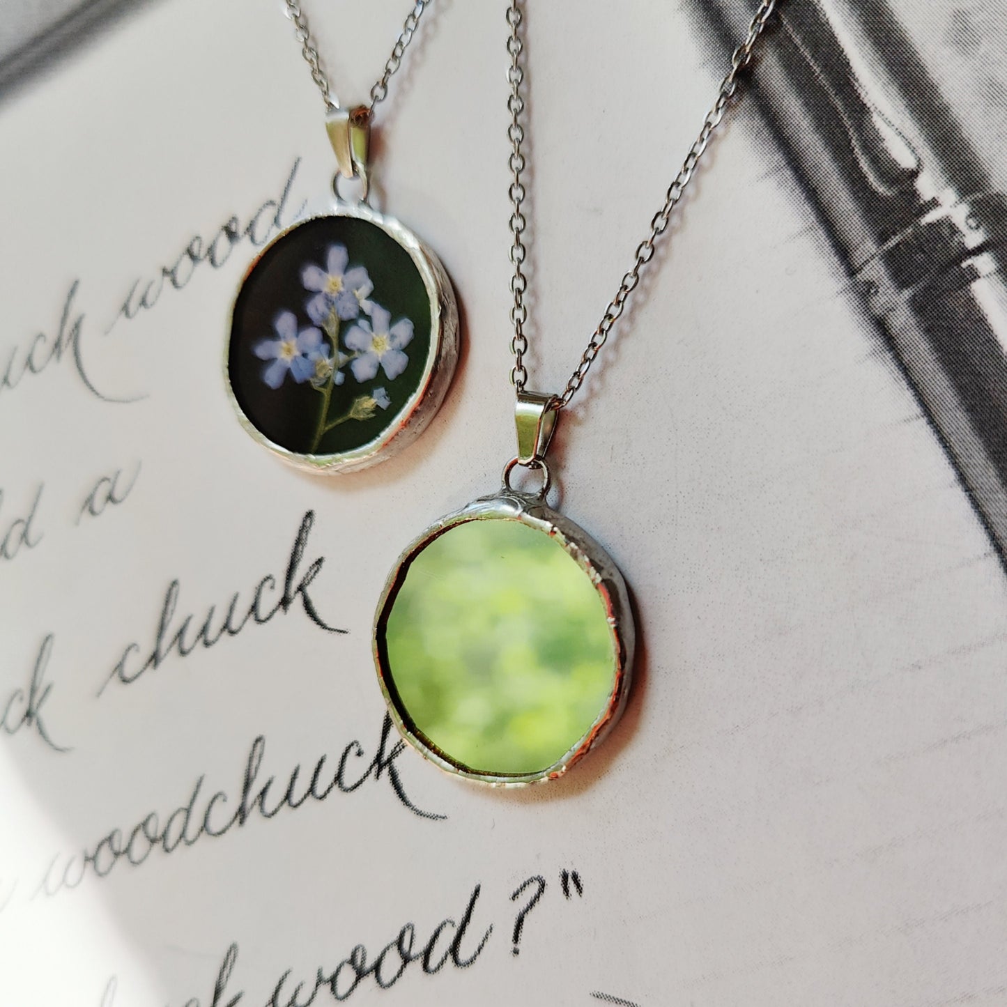 Double Sided Mirror Necklace - Forget Me Not, Dark Academia, Paranormal Protection Amulet, Handmade Jewelry