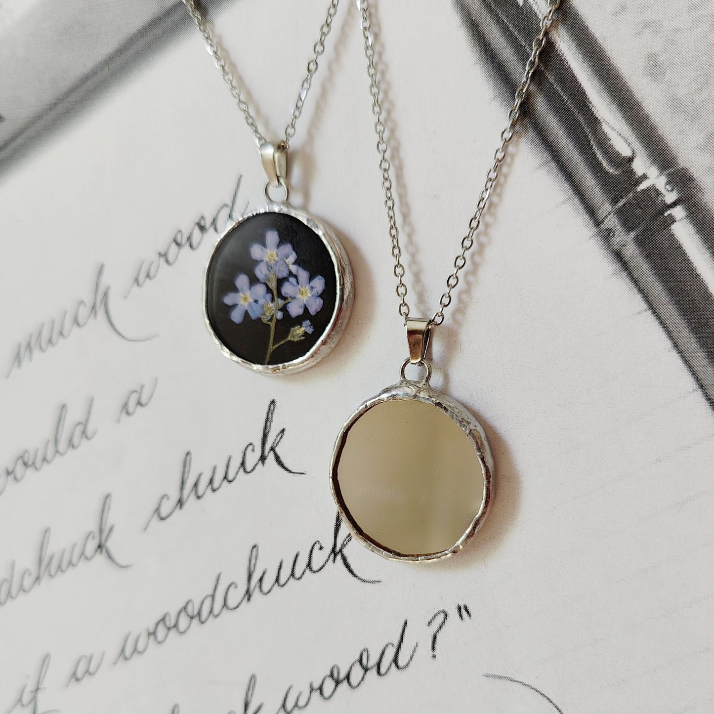 Double Sided Mirror Necklace - Forget Me Not, Dark Academia, Paranormal Protection Amulet, Handmade Jewelry