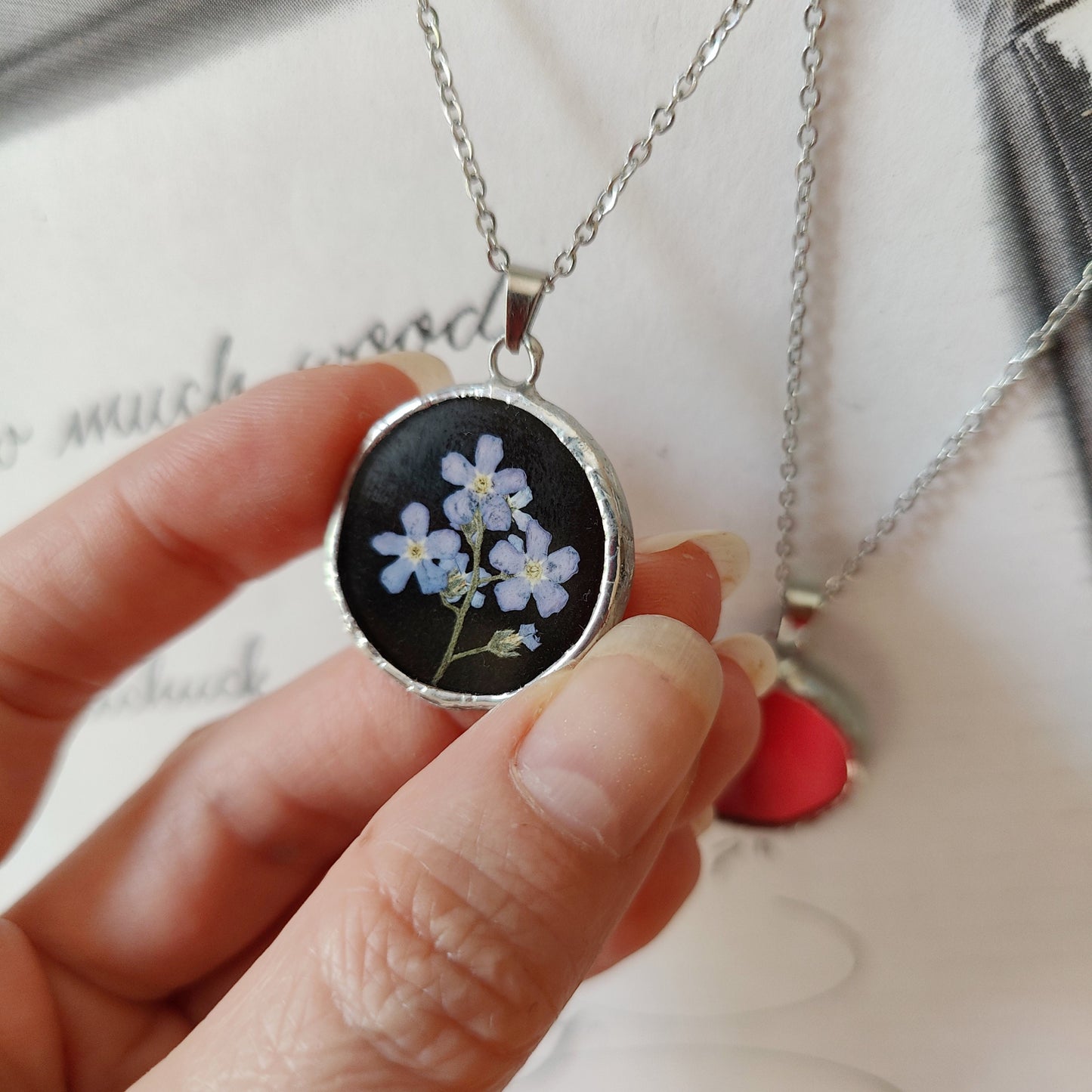 Double Sided Mirror Necklace - Forget Me Not, Dark Academia, Paranormal Protection Amulet, Handmade Jewelry