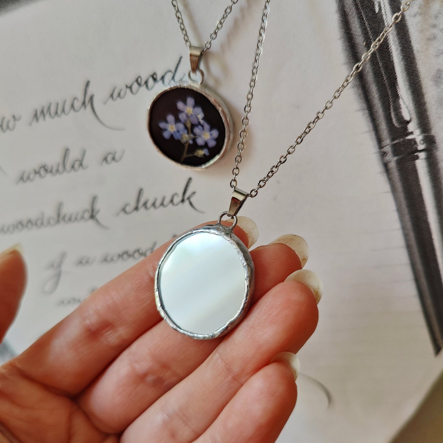 Double Sided Mirror Necklace - Forget Me Not, Dark Academia, Paranormal Protection Amulet, Handmade Jewelry