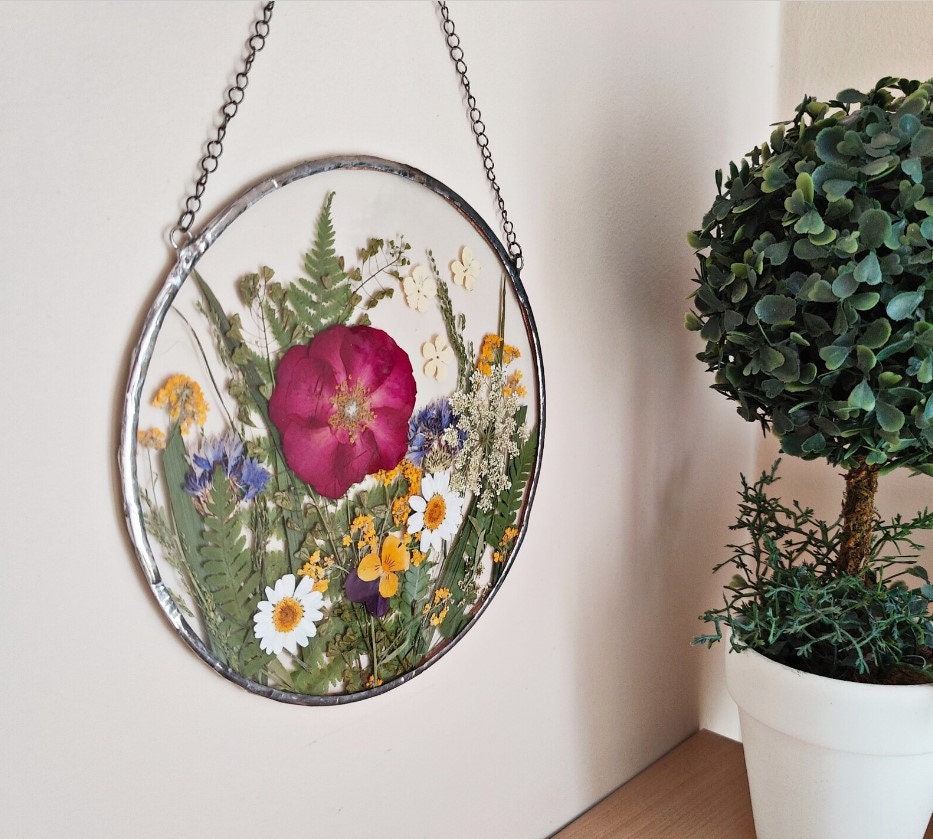 Handmade Herbarium Pressed Flower Frame | Dried Flower Botanical Wall Art in Stained Glass
