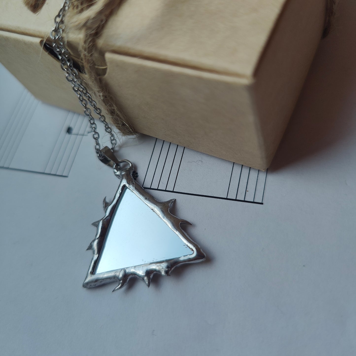 Mirror Necklace triangular for Protection with Thorns Pendant - Handmade Gothic Jewelry, Unique Dark Academia Gifts for Girlfriend or boyfriend