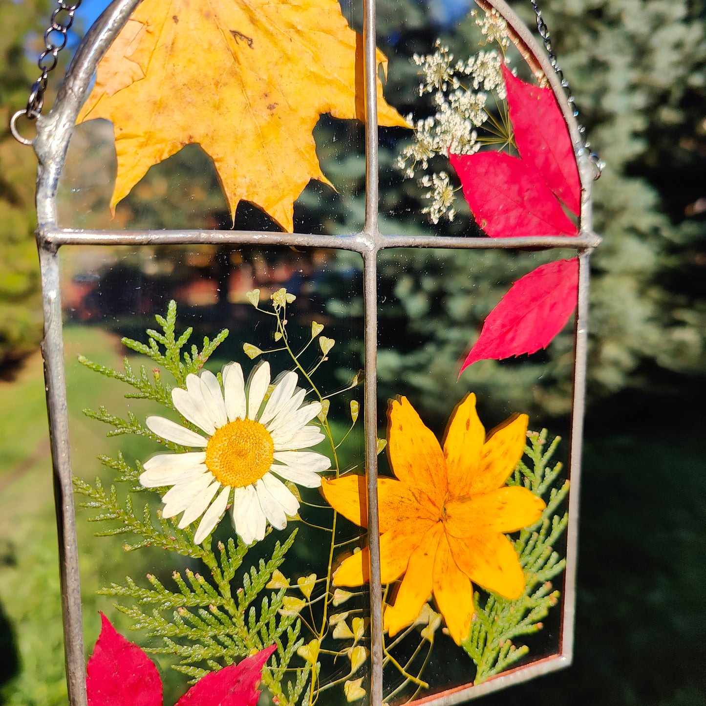 Stained Glass Window Frame with Autumn Leaves | Pressed Leaf Art | Handmade Fall Decor