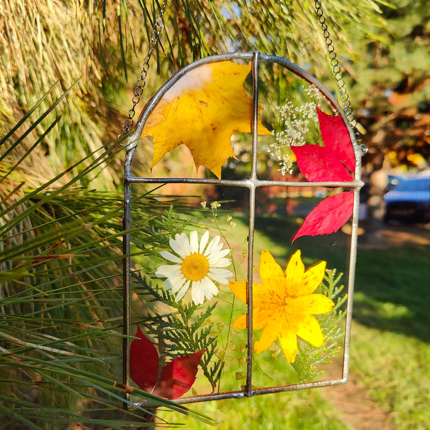 Stained Glass Window Frame with Autumn Leaves | Pressed Leaf Art | Handmade Fall Decor