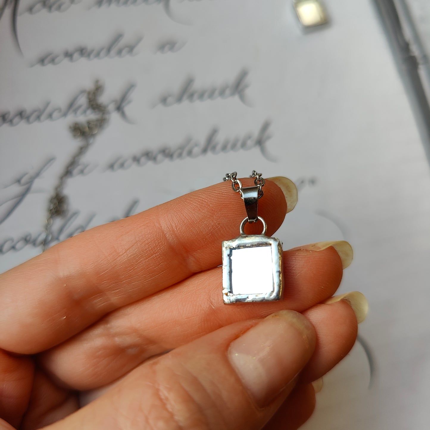 Double Sided Forget Me Not Mirror Necklace - Small Square Pendant for Paranormal Protection