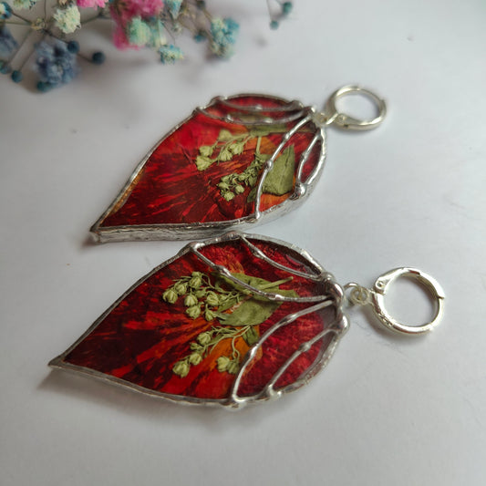 Teardrop Stained Glass Earrings with Pressed Flowers and Rose Petal Background | Handmade Botanical Jewelry