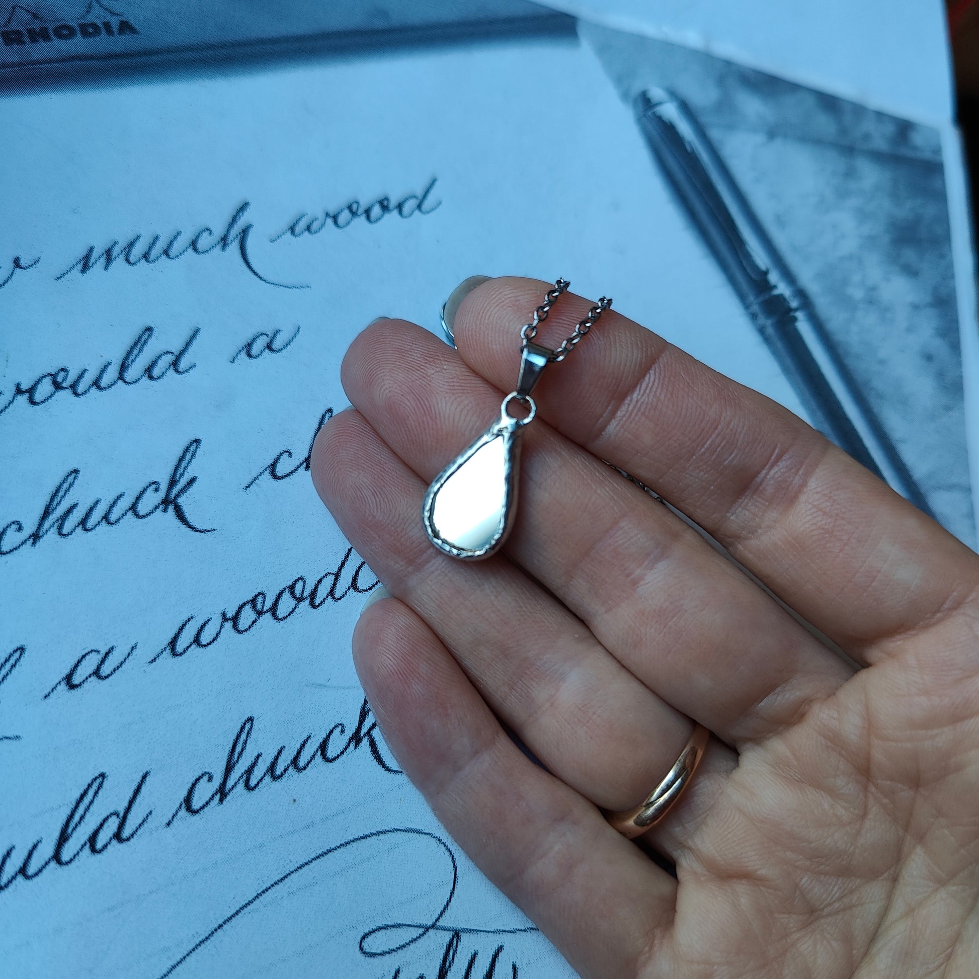 Teardrop-shaped mirror amulet necklace – handmade stained glass pendant for mystical women, witchcore aesthetic jewelry by HelenkaBee