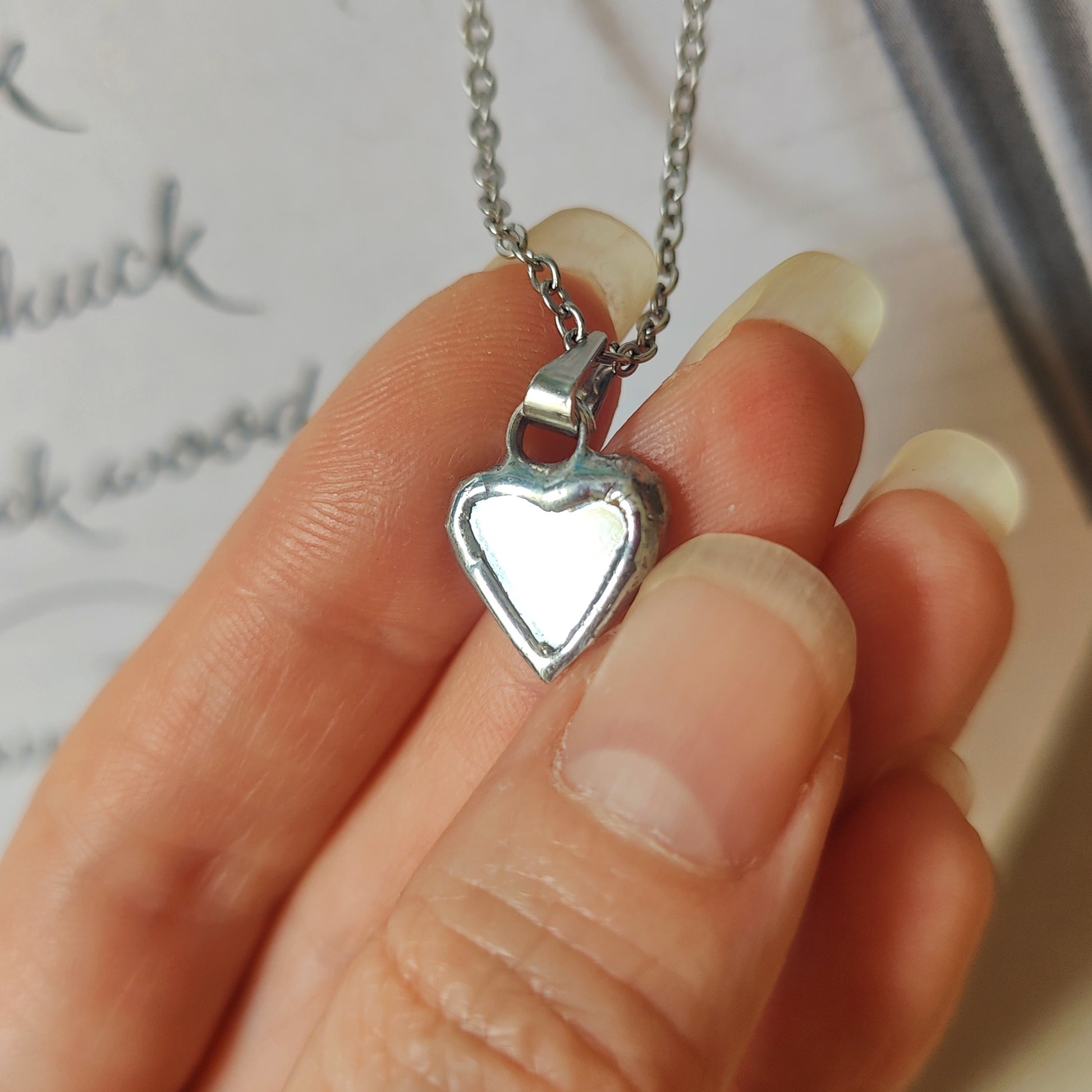 Heart-shaped mirror pendant on silver chain – romantic and protective handmade jewelry, unique gift for girlfriend or sister