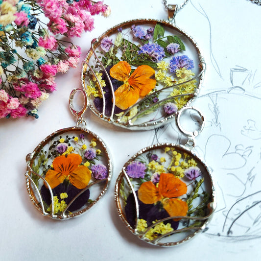 Pressed Flower Pendant and Earrings Set with Viola | Stained Glass Jewelry with Real Flowers