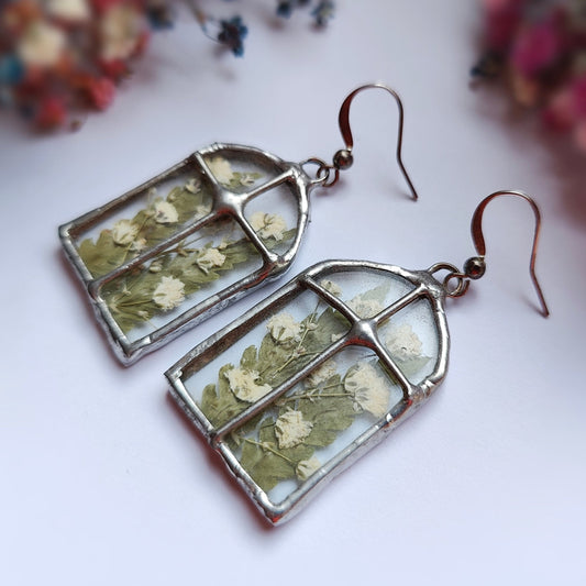 Window Earrings with Pressed Fern Stained Glass | Botanical Handmade Jewelry