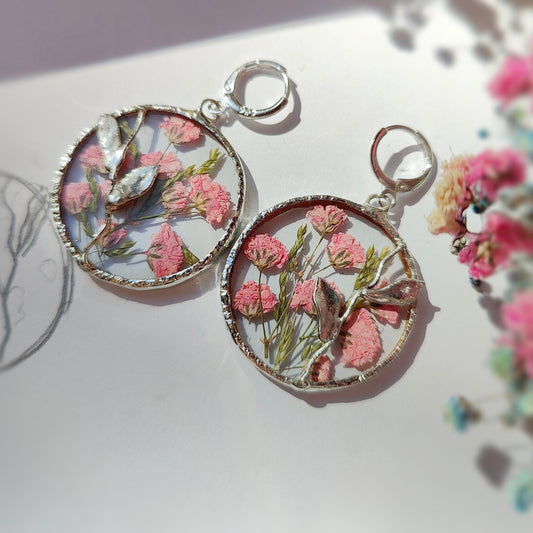 Stained Glass Earrings with pink gypsophila Pressed Flowers | Handmade Botanical Jewelry