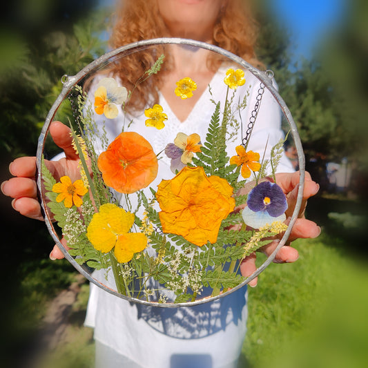 Round Pressed Violas Flower Frame | Handmade Stained Glass Cottagecore Wall Decor &amp; Wildflower Art