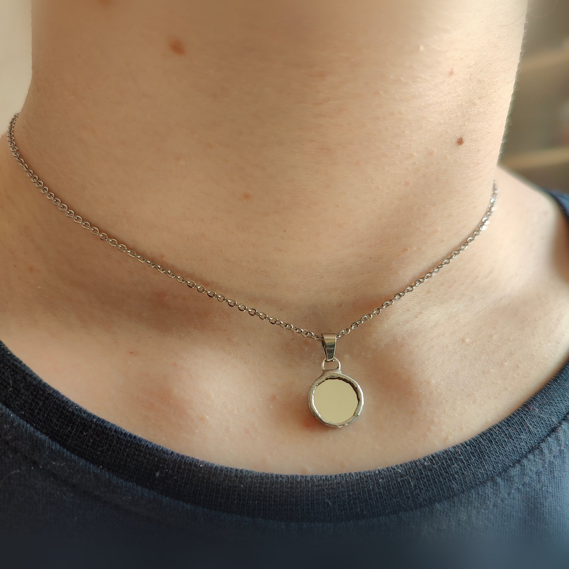 Handmade round mirror pendant necklace – minimalist protection jewelry with silver chain, witch style by HelenkaBee
