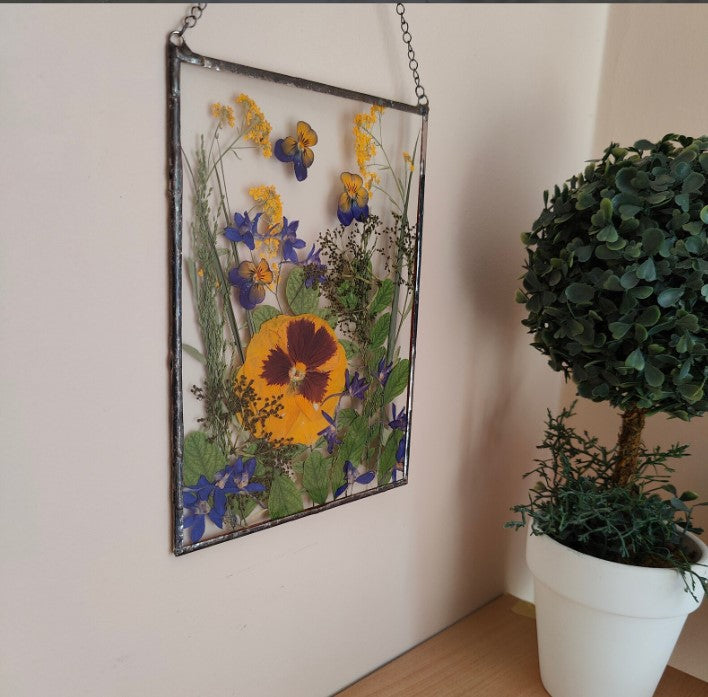 Handmade Pressed Flower Herbarium Frame | Dried Flower Floating Botanical Art in Stained Glass