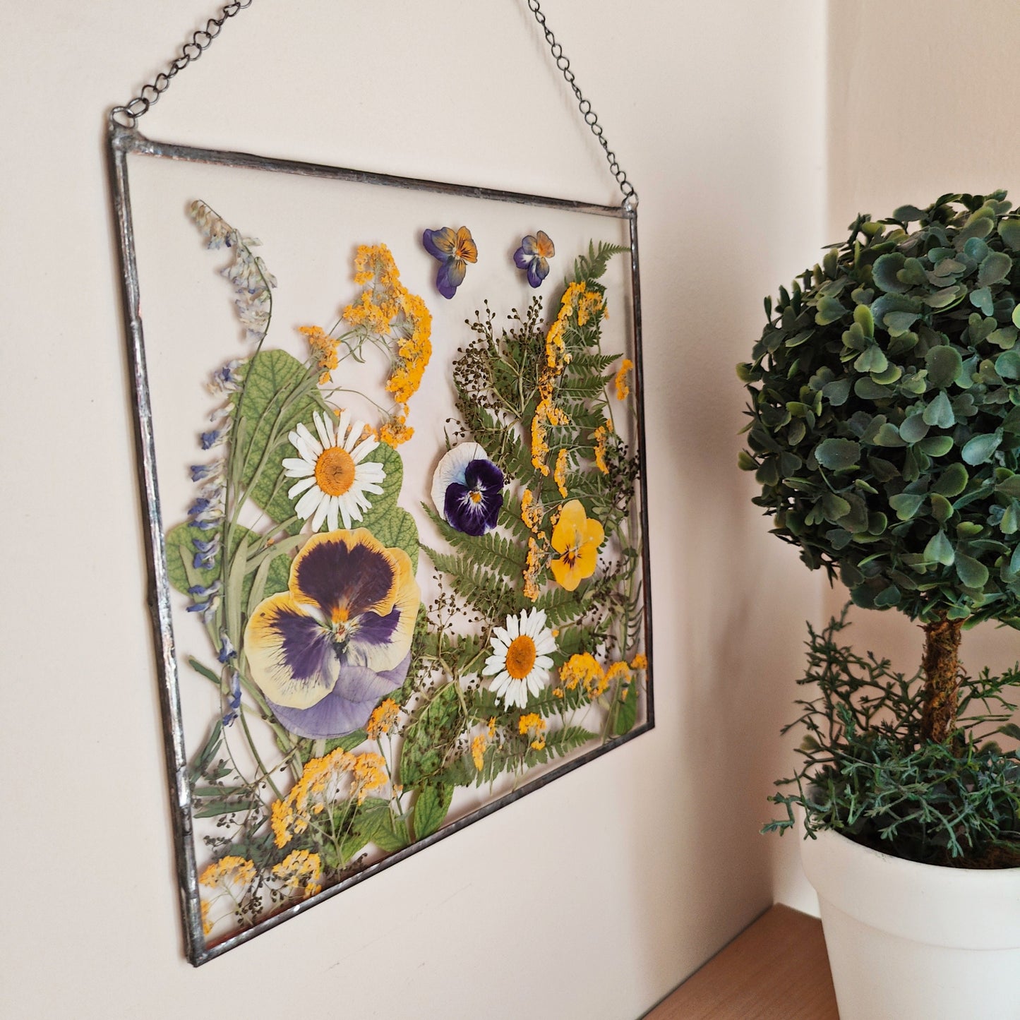 Square Pressed Flower Frame | Handmade Dried Flower Herbarium Art | Unique Suncatcher Botanical Wall Décor Gift