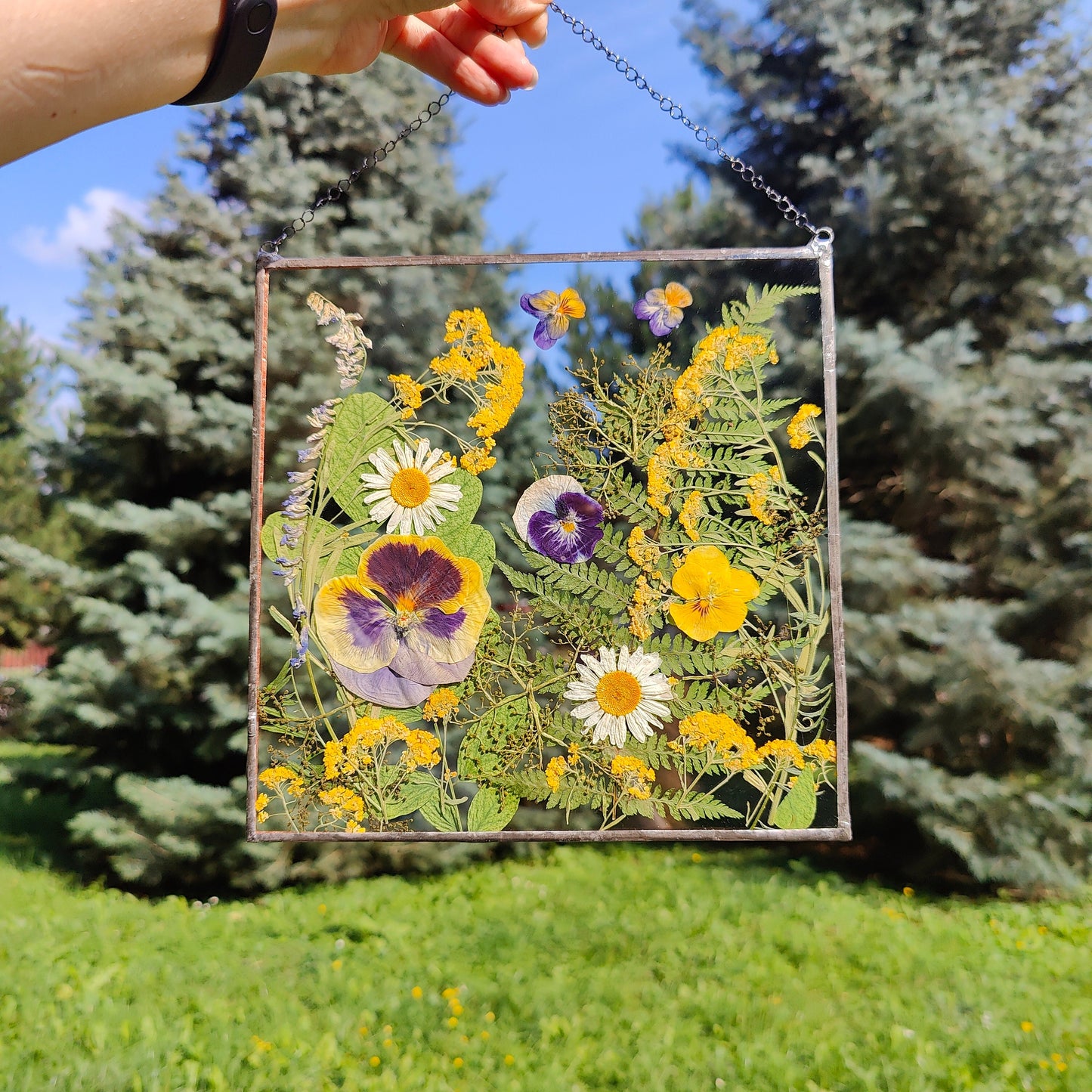 Square Pressed Flower Frame | Handmade Dried Flower Herbarium Art | Unique Suncatcher Botanical Wall Décor Gift