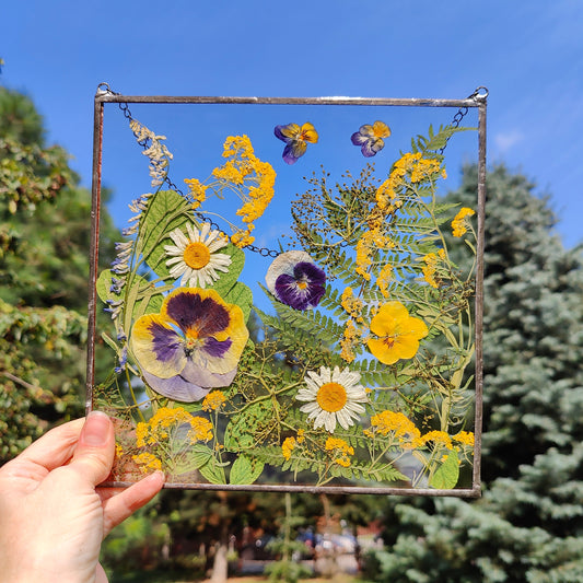 Square Pressed Flower Frame | Handmade Dried Flower Herbarium Art | Unique Suncatcher Botanical Wall Décor Gift