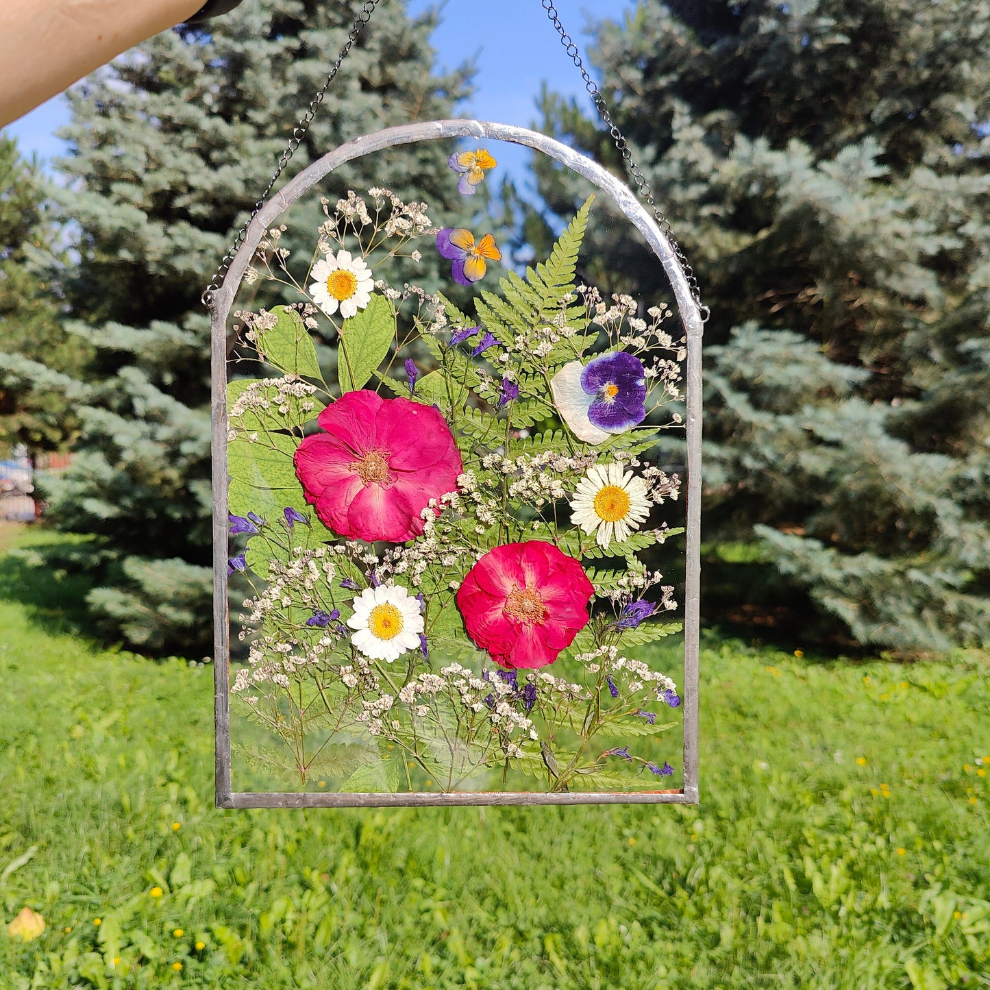 Large Pressed Flower Frame | Handcrafted Dried Flower Herbarium Art | Botanical Stained Glass Suncatcher Gift