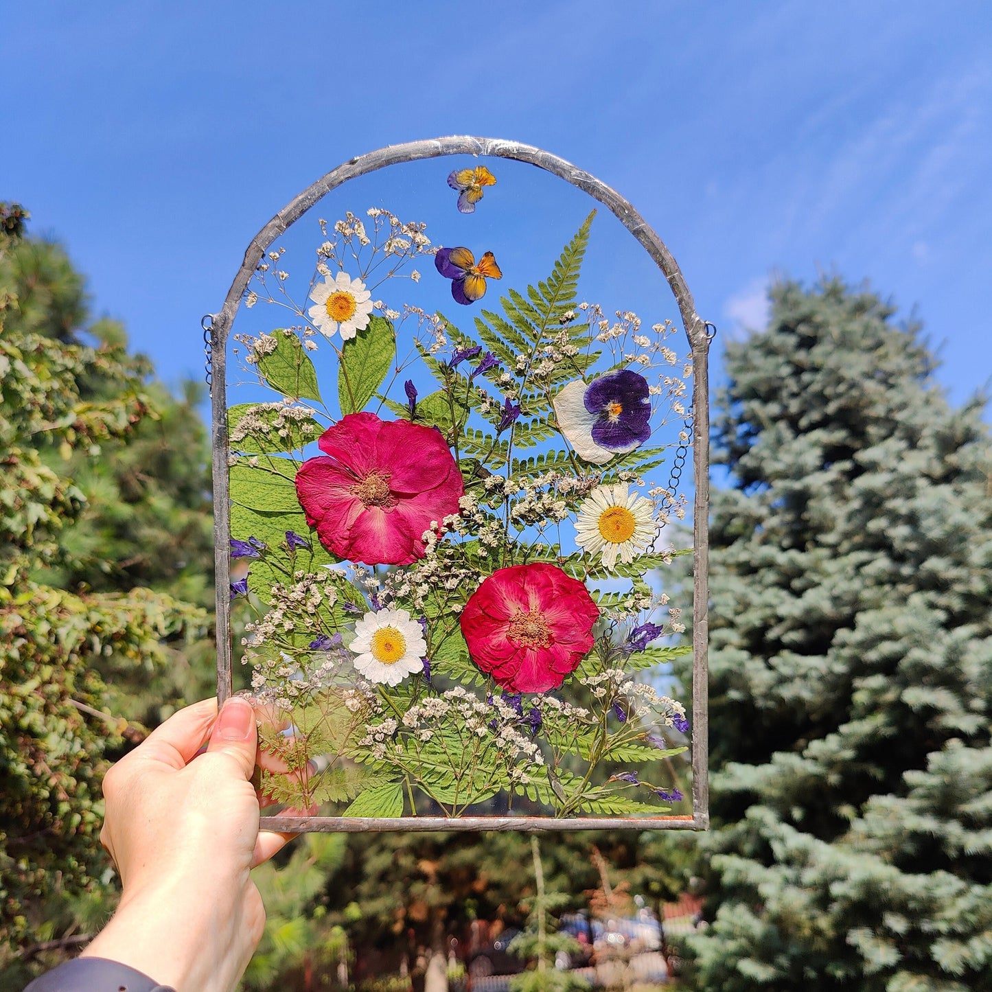 Large Pressed Flower Frame | Handcrafted Dried Flower Herbarium Art | Botanical Stained Glass Suncatcher Gift