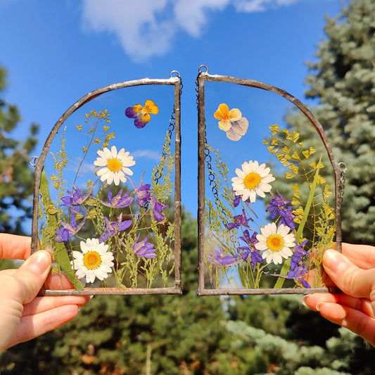 Set of 2 Pressed Flower Frames | Handmade Herbarium Art | Dried Flower Wall Art Hanging Gift | Botanical Stained Glass Frames