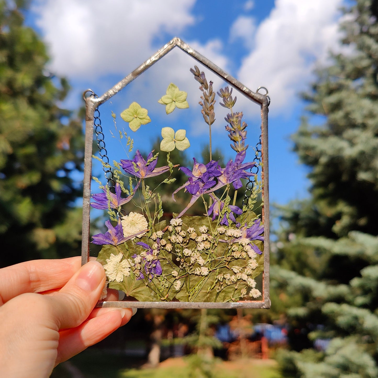 Pressed Wildflower Herbarium Frame | Handmade Stained Glass Dried Flower Suncatcher Art