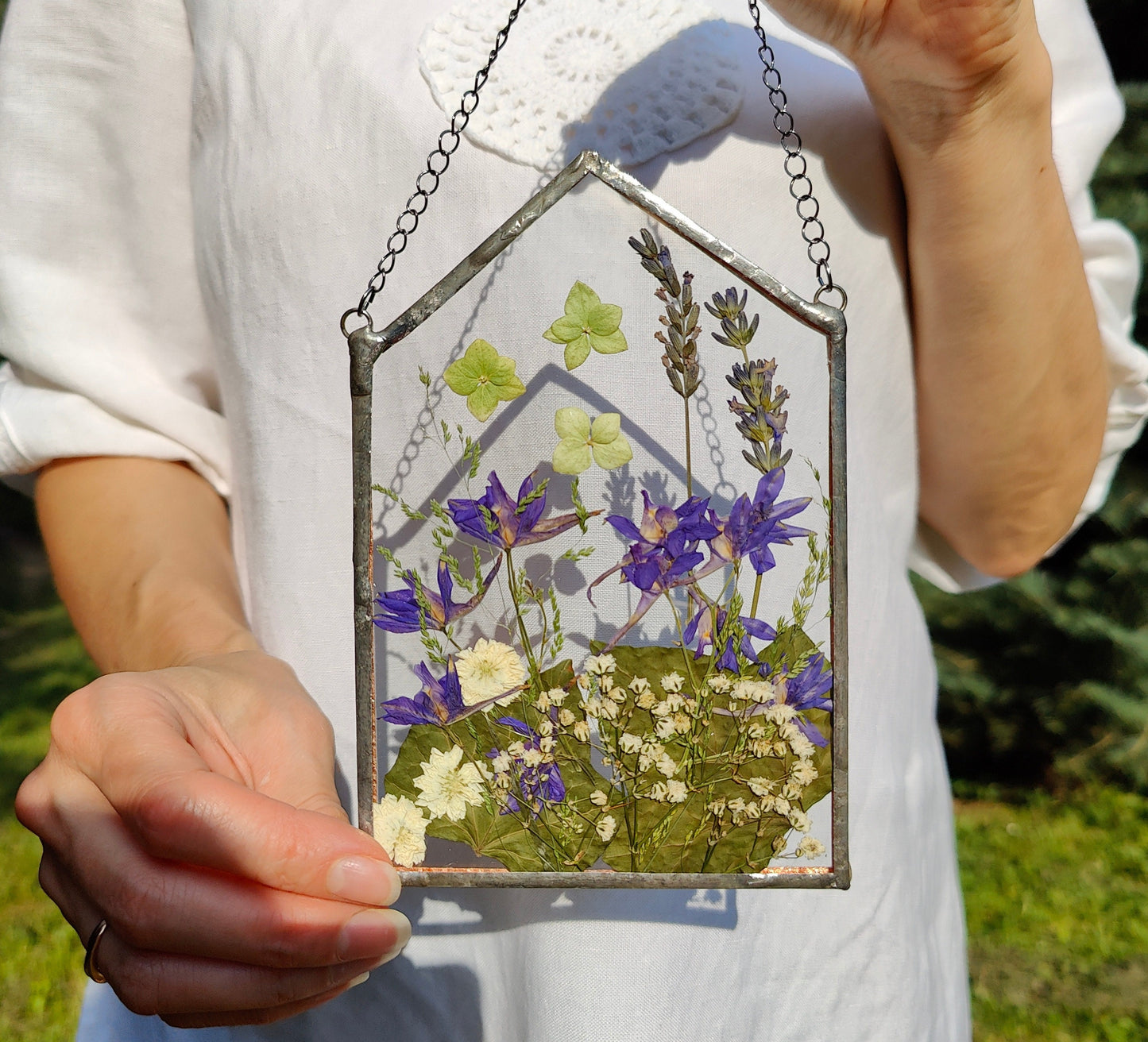 Pressed Wildflower Herbarium Frame | Handmade Stained Glass Dried Flower Suncatcher Art