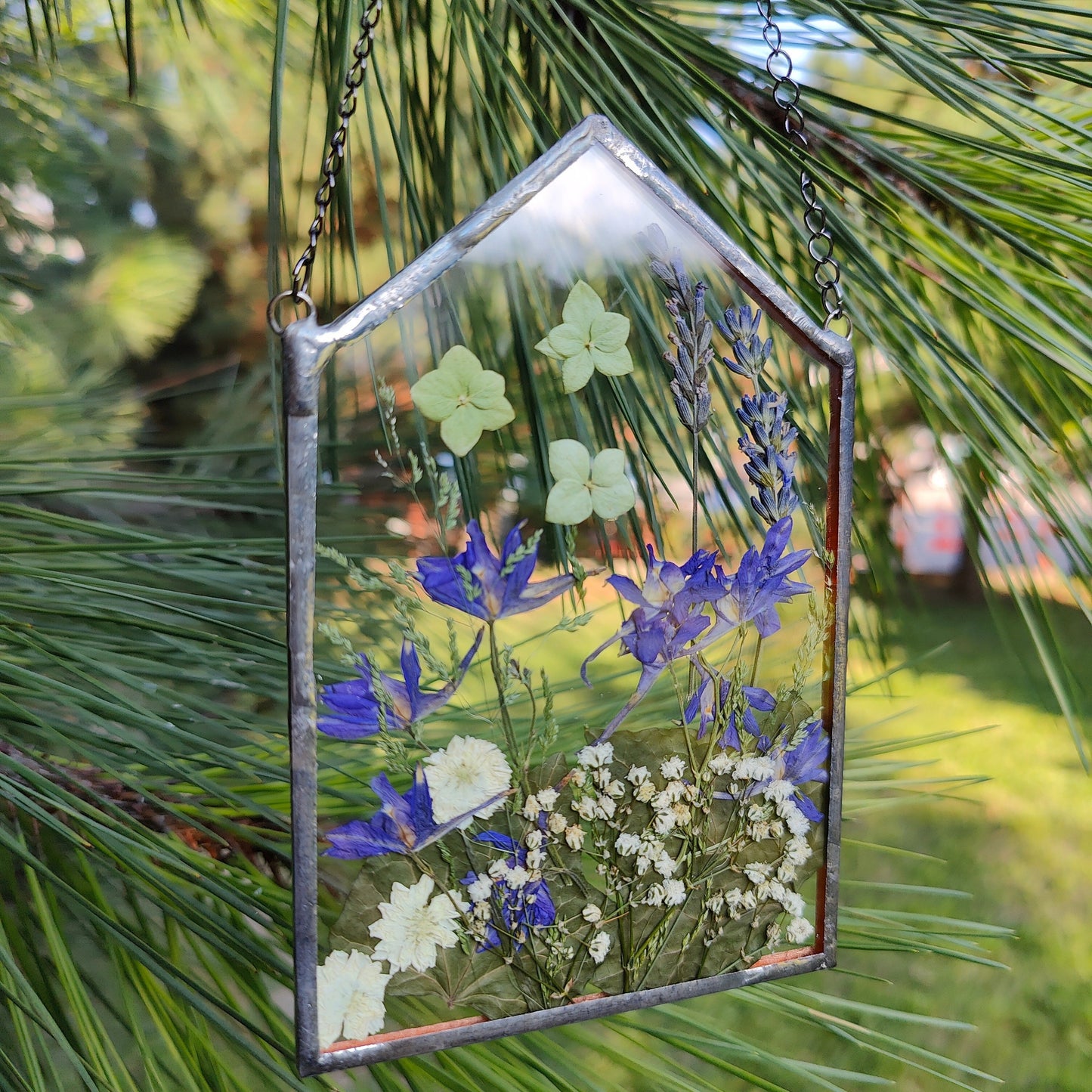 Pressed Wildflower Herbarium Frame | Handmade Stained Glass Dried Flower Suncatcher Art