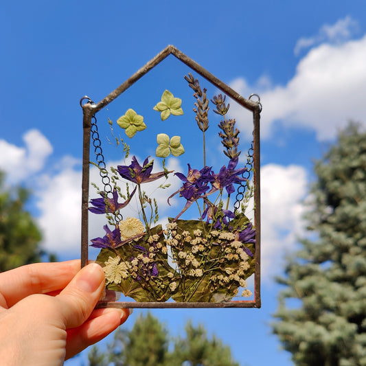 Pressed Wildflower Herbarium Frame | Handmade Stained Glass Dried Flower Suncatcher Art