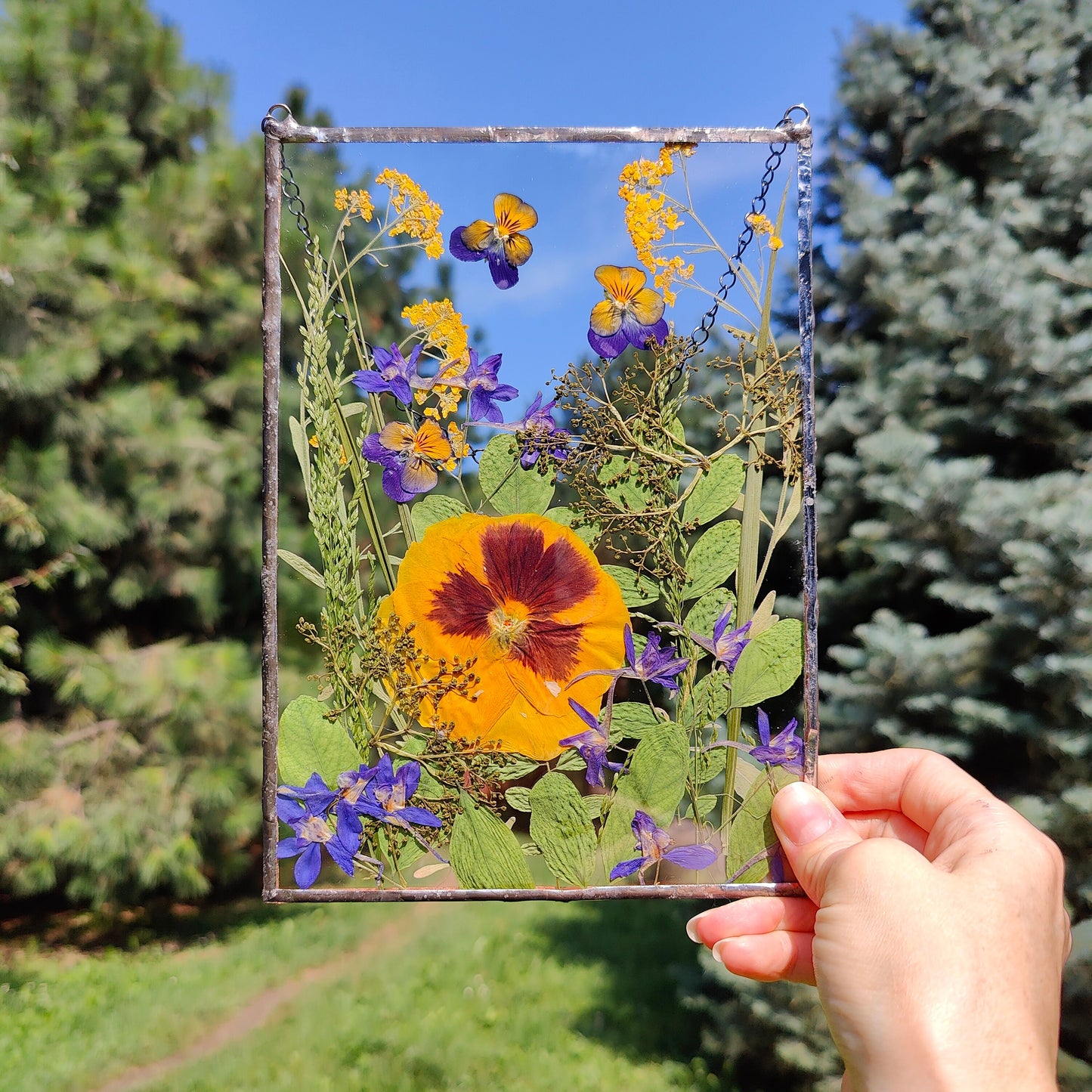 Handmade Pressed Flower Herbarium Frame | Dried Flower Floating Botanical Art in Stained Glass