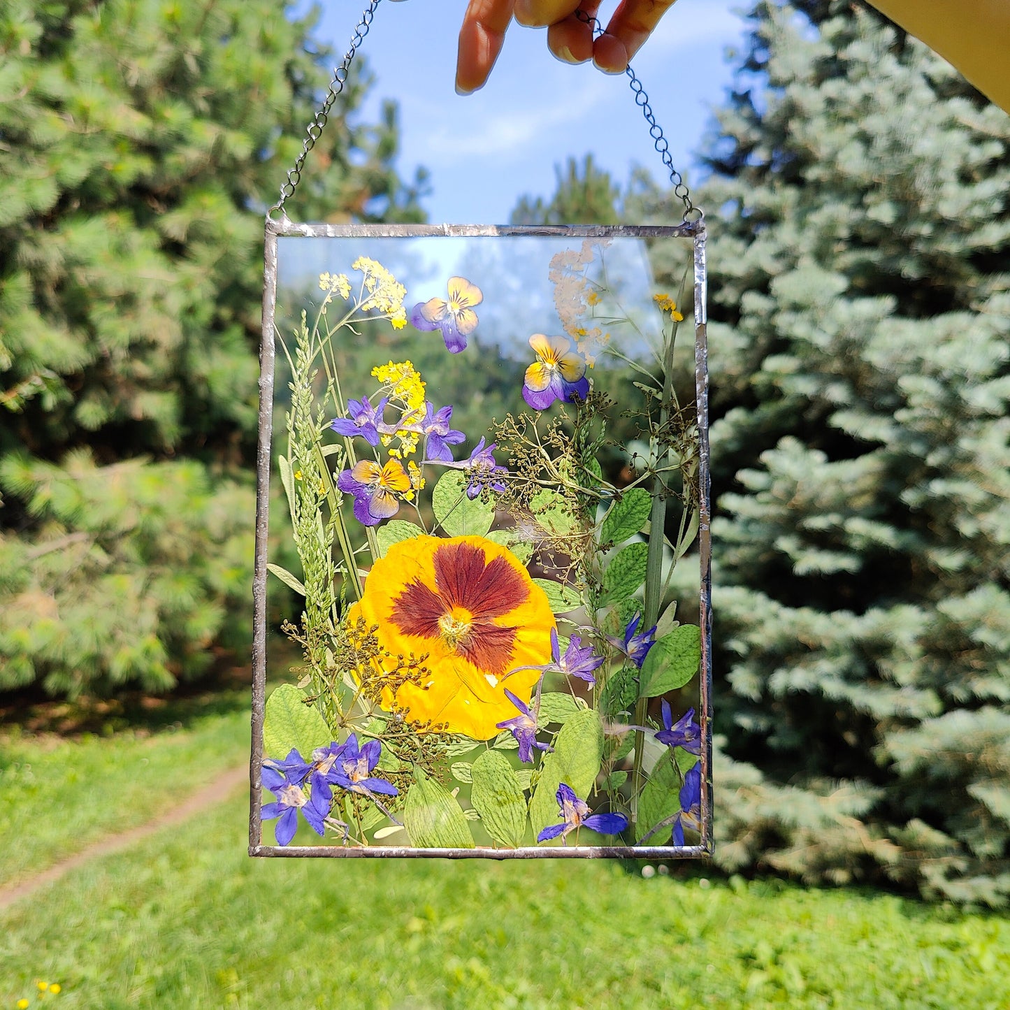 Handmade Pressed Flower Herbarium Frame | Dried Flower Floating Botanical Art in Stained Glass