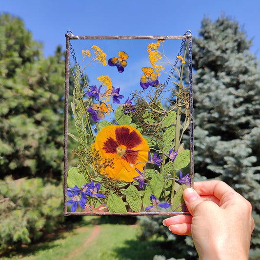 Handmade Pressed Flower Herbarium Frame | Dried Flower Floating Botanical Art in Stained Glass