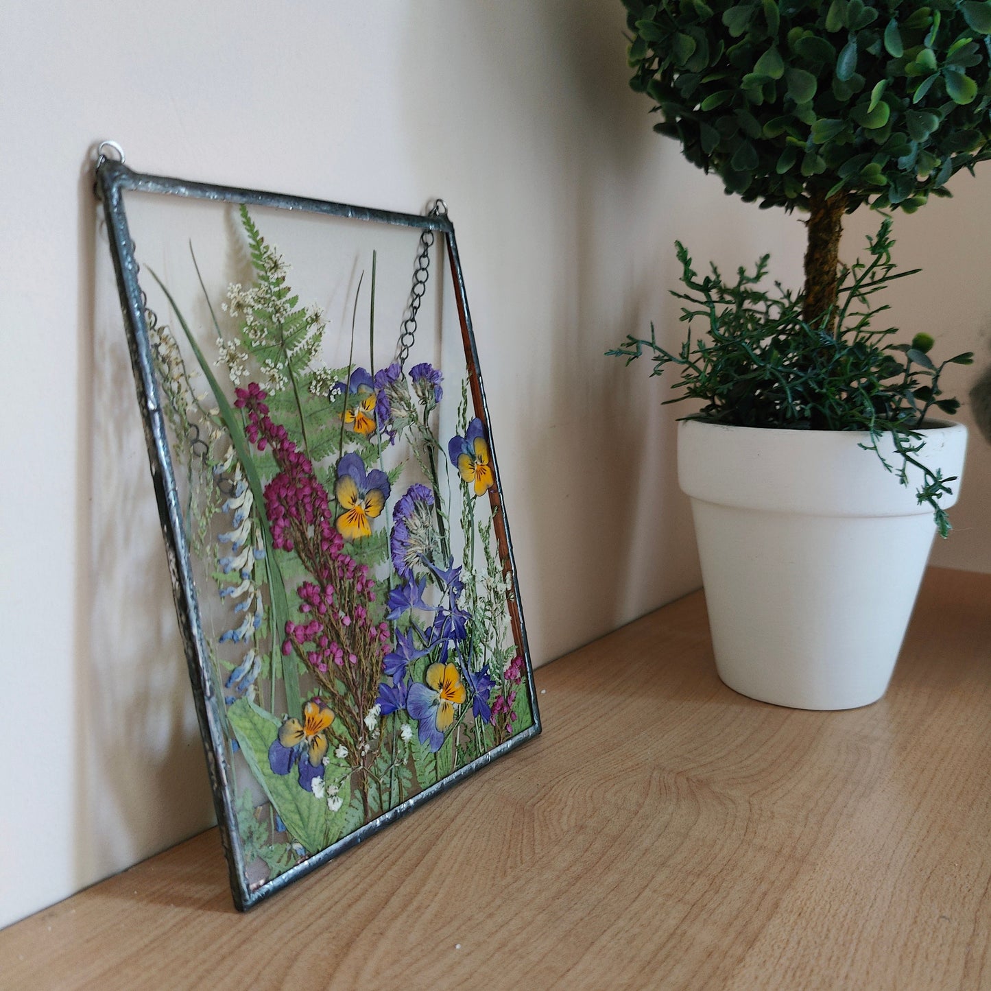 Pressed Heather and Viola Herbarium Frame | Handmade Dried Flower Art | Nature-Pressed Floating Frame | Stained Glass Wall Decor Gift for Women