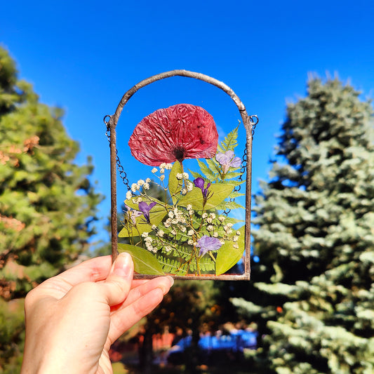 Pressed Poppy Herbarium Suncatcher | Handmade Stained Glass Flower Frame | Unique Anniversary Gift & Floral Wall Art