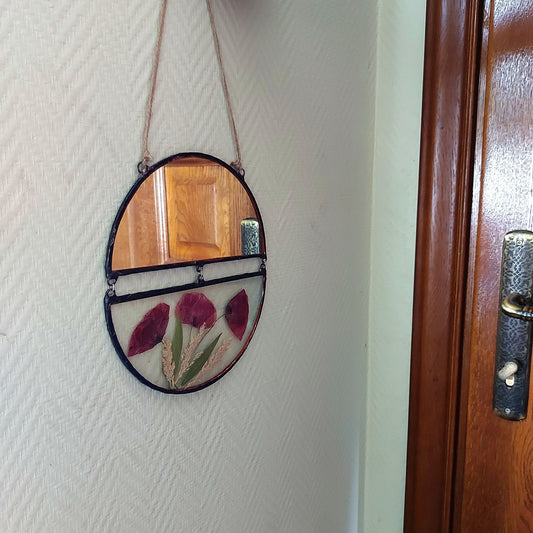 Entryway Organizer with Poppy-Stained Glass Mirror | Decorative Wall Hanging | Cottagecore Hallway Decor