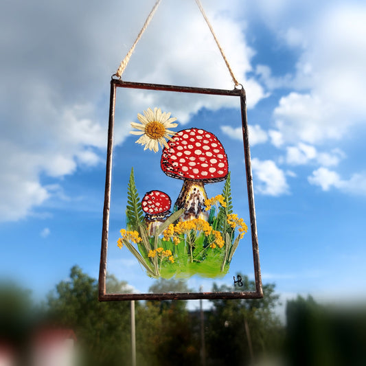 Amanita Mushroom Suncatcher | Pressed Flower Frame | Stained Glass Mushroom Decor | Handmade Framed Art | Unique Gift for Nature Lovers