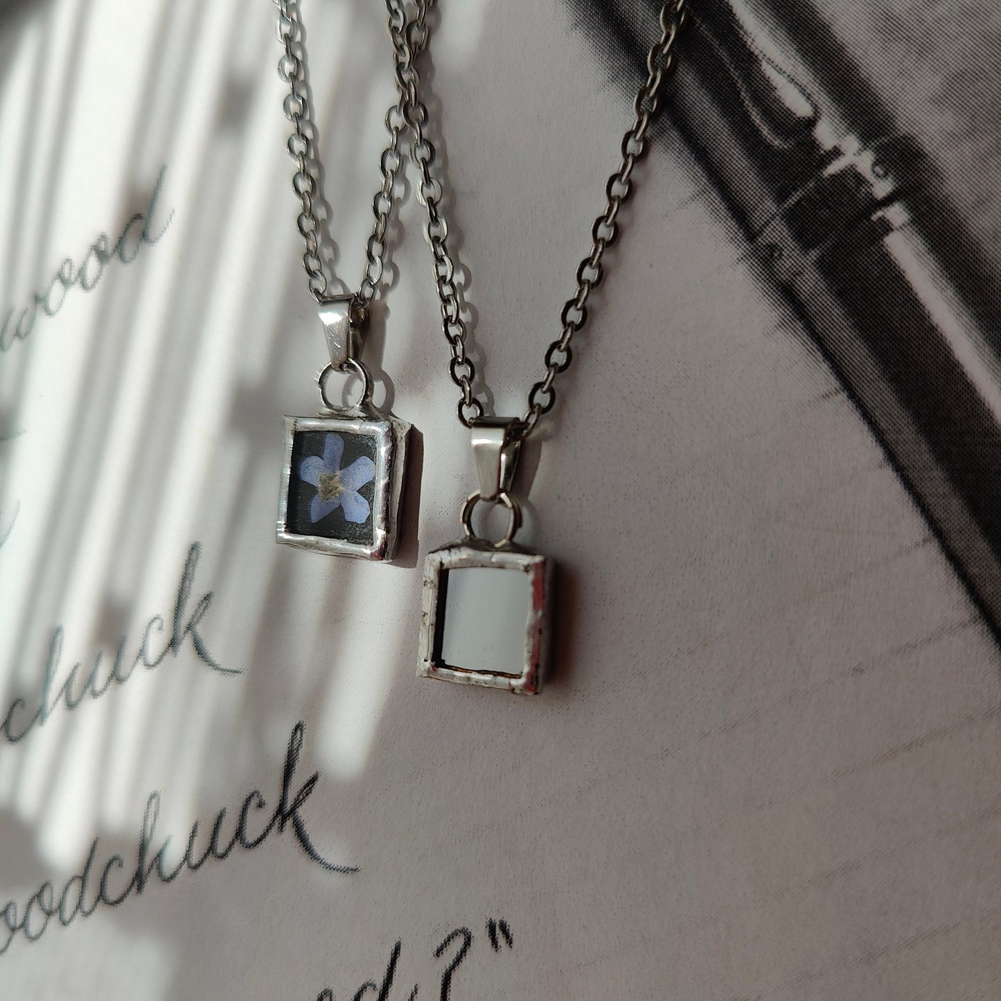 Double Sided Forget Me Not Mirror Necklace - Small Square Pendant for Paranormal Protection