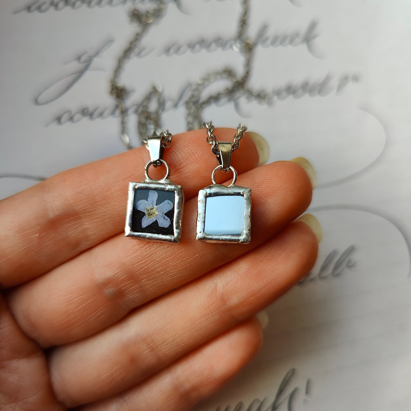 Double Sided Forget Me Not Mirror Necklace - Small Square Pendant for Paranormal Protection