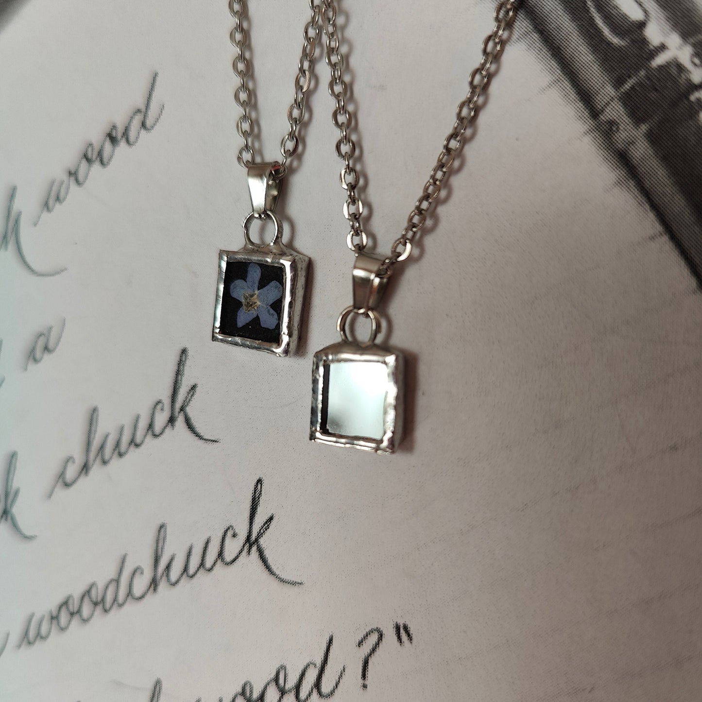 Double Sided Forget Me Not Mirror Necklace - Small Square Pendant for Paranormal Protection