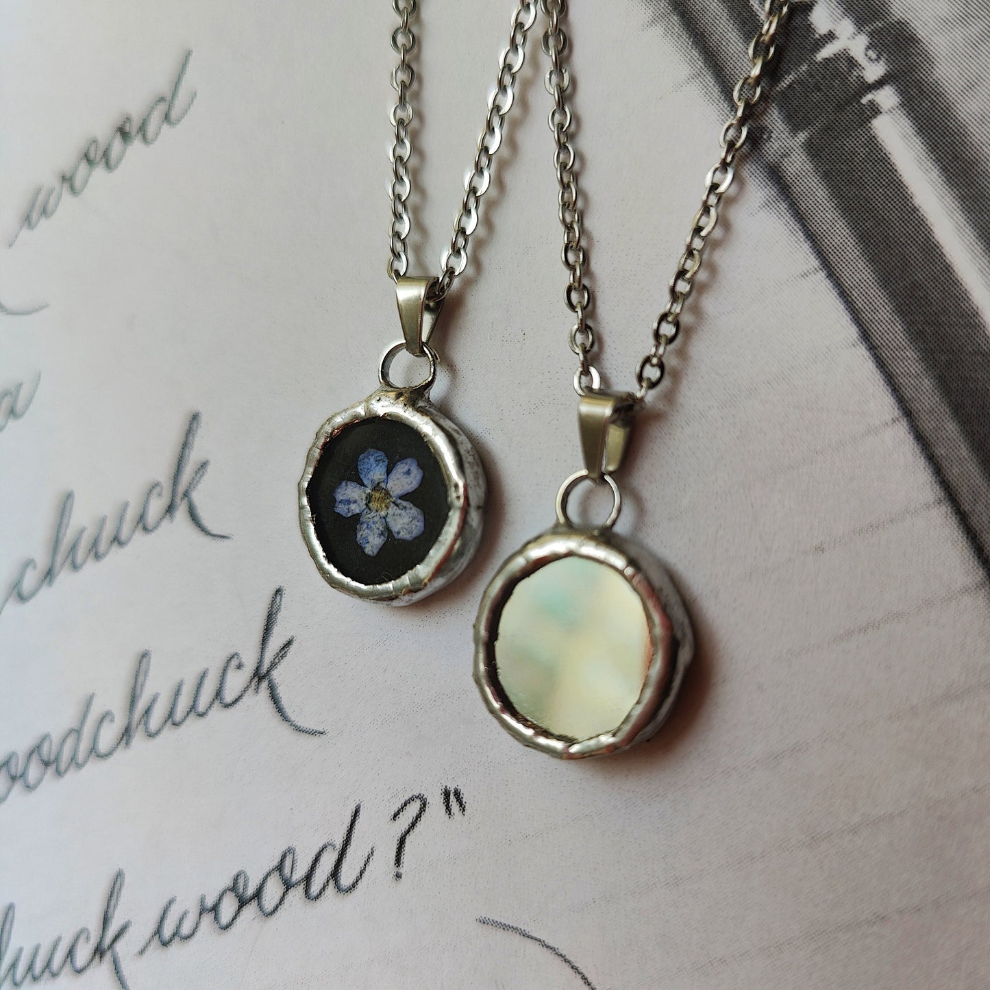 Double-Sided Mirror Necklace with Forget-Me-Not  Empath Protection & Dark Academia Style