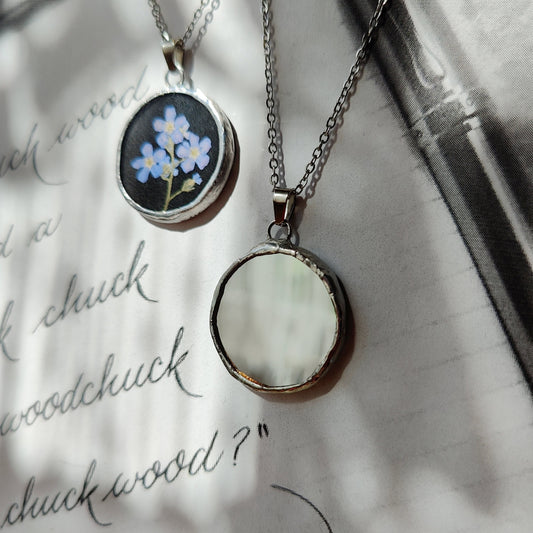 Double Sided Mirror Necklace - Forget Me Not, Dark Academia, Paranormal Protection Amulet, Handmade Jewelry