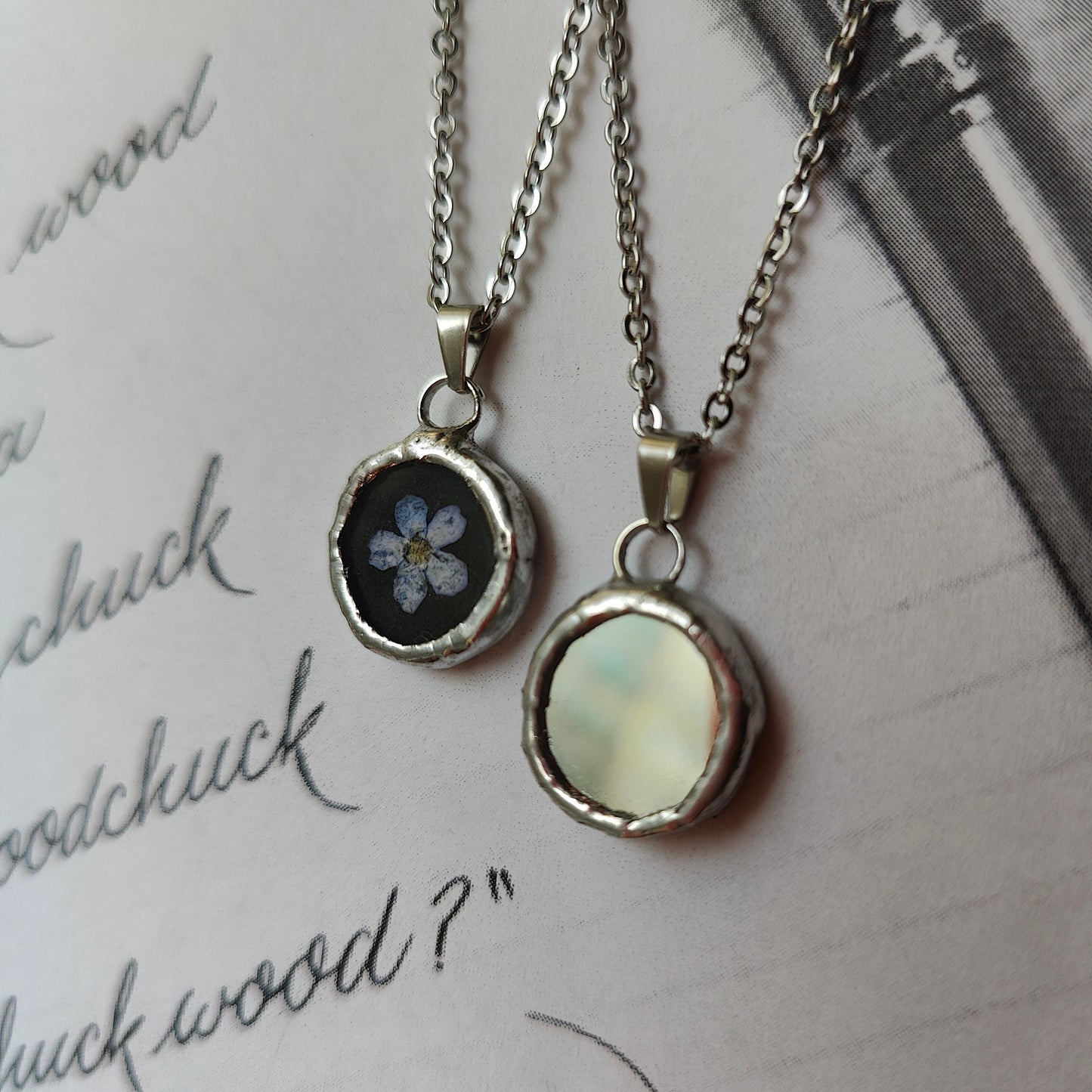 Double-Sided Mirror Necklace with Forget-Me-Not  Empath Protection & Dark Academia Style